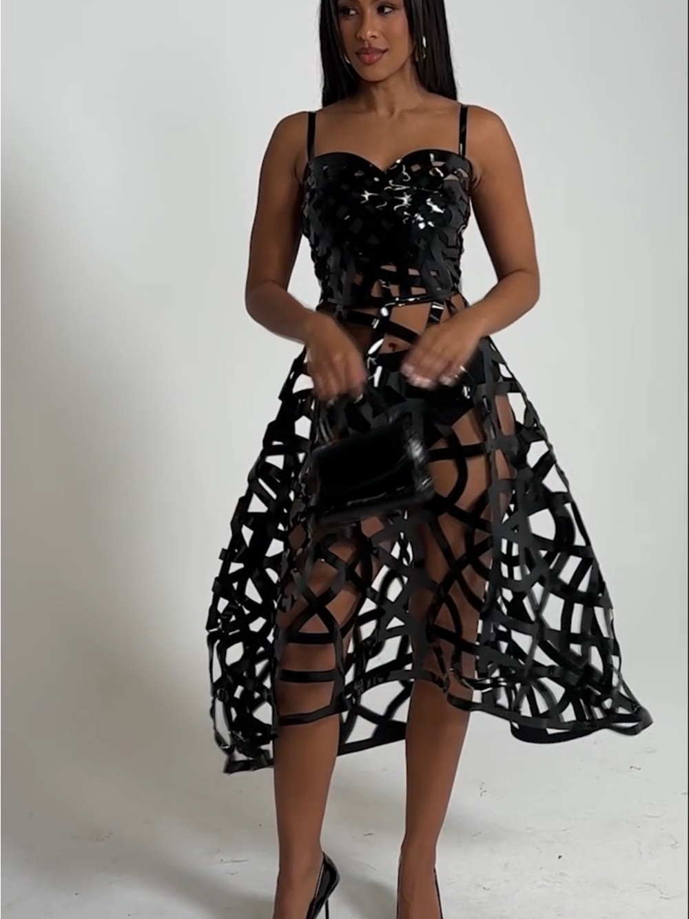 AKIRA Black Lattice Cutout Midi Dress